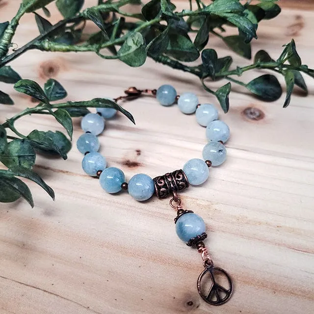 March Birthstone Bracelet - Aquamarine with Copper Peace Charm