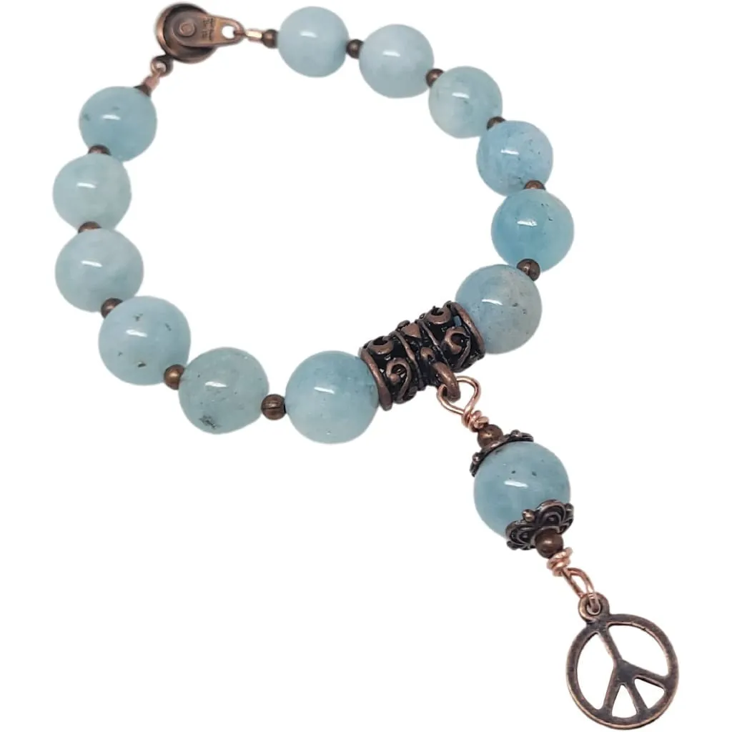 March Birthstone Bracelet - Aquamarine with Copper Peace Charm