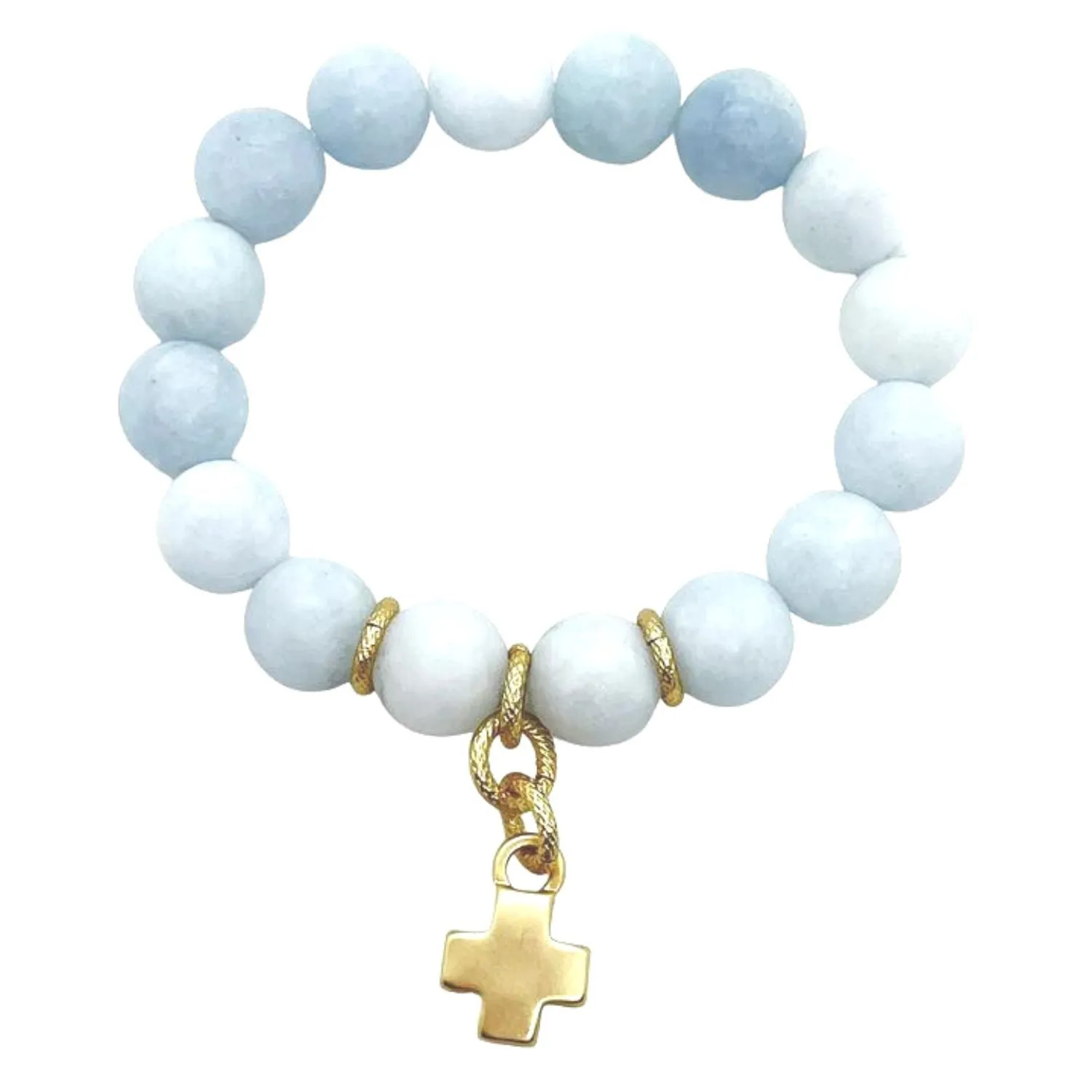 Matte Aquamarine Matte Gold Cross Charm Stretch Bracelet