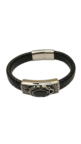 Men's Black Leather and Silver Fashion Design Bracelet