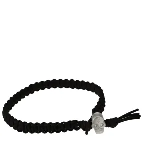 Men's Sterling Silver Macramé Skull Bracelet on Black Leather Cord