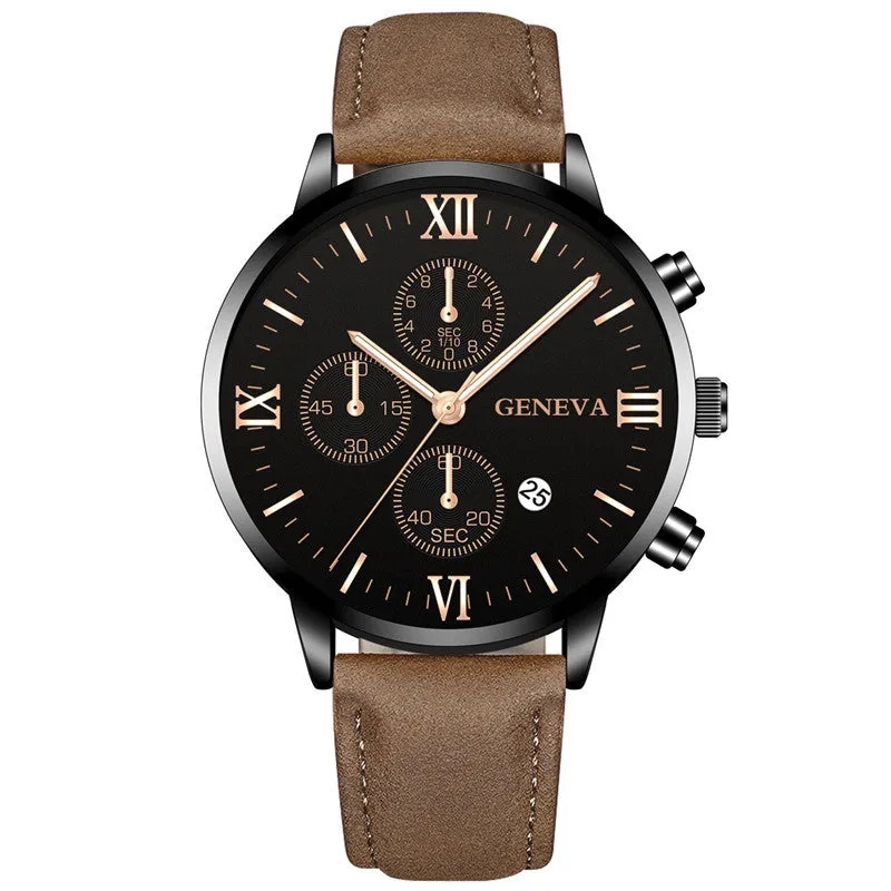 Men's Watch Business Men's Watch Casual Geneva Quartz Watch Calendar Belt Watch