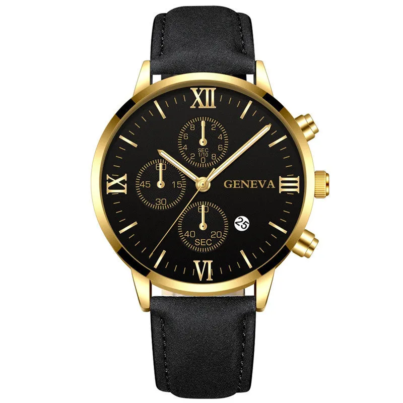 Men's Watch Business Men's Watch Casual Geneva Quartz Watch Calendar Belt Watch