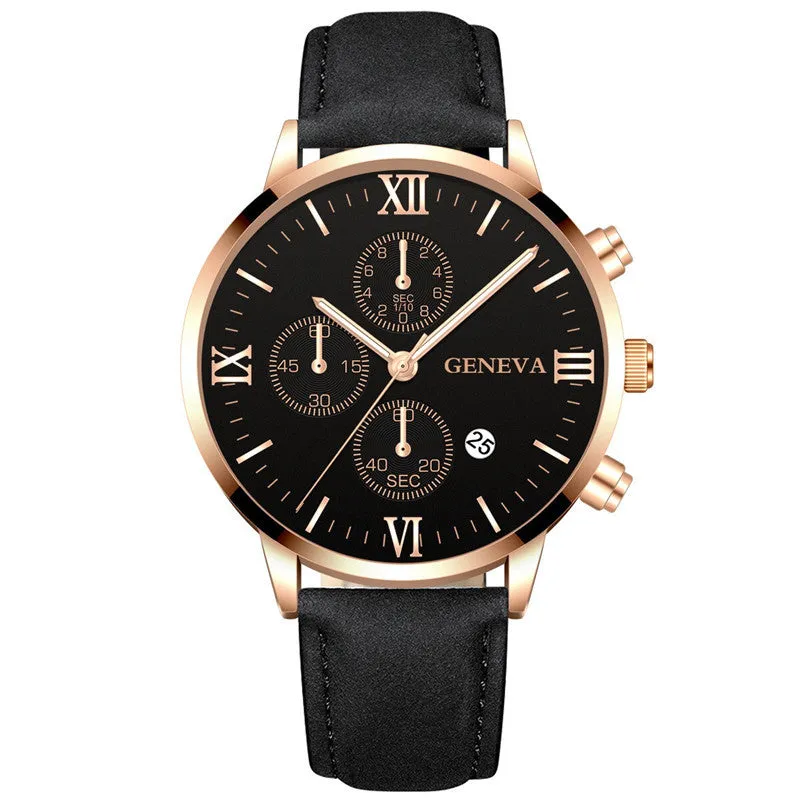 Men's Watch Business Men's Watch Casual Geneva Quartz Watch Calendar Belt Watch