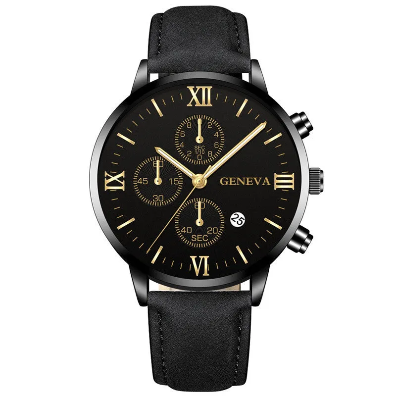 Men's Watch Business Men's Watch Casual Geneva Quartz Watch Calendar Belt Watch