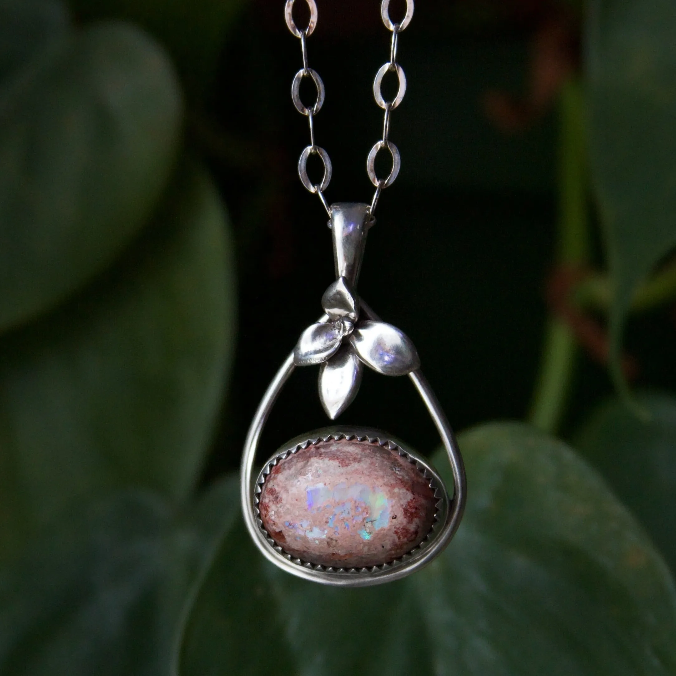 Mexican Fire Opal Succulent Sterling Silver Necklace