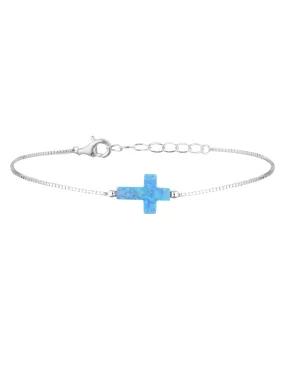 Mocha Sterling Silver Mini Cross Fine Bracelet - Light Blue