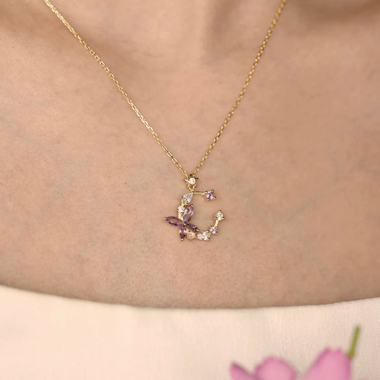 Monarch Butterfly Amethyst Opal Necklace (Yellow Gold)