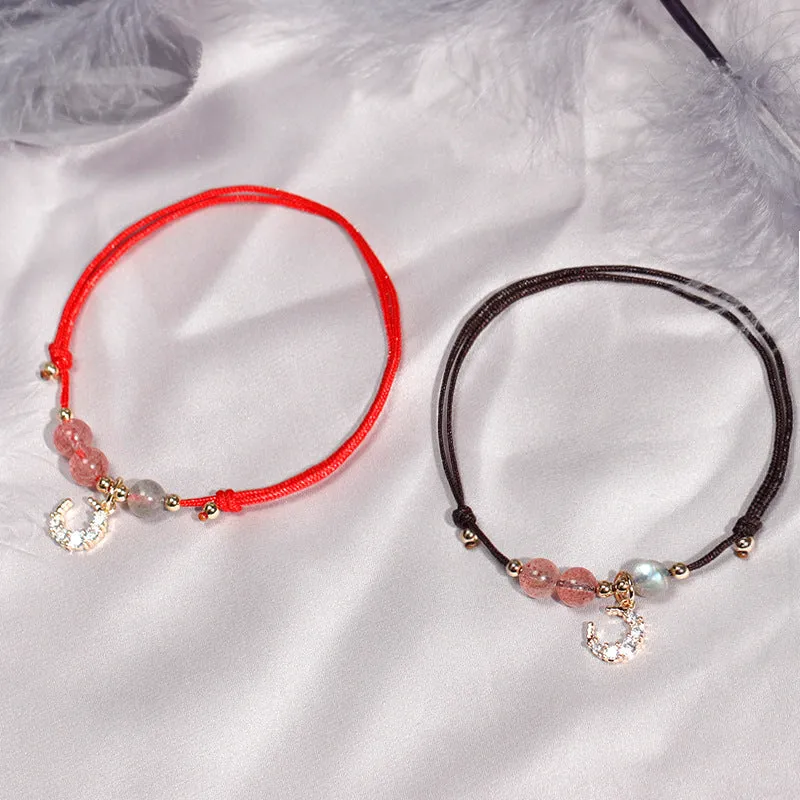 Moonlit Strawberry Crystal Bracelet Set with Adjustable Braided Design