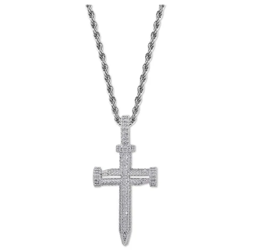 Nail Cross Necklace Simulated Diamond Cross Pendant Silver Color Metal Alloy Hip Hop Jewelry Iced Out Jesus Nail Cross 24in.