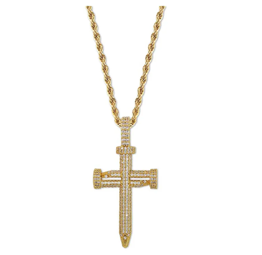 Nail Cross Necklace Simulated Diamond Cross Pendant Silver Color Metal Alloy Hip Hop Jewelry Iced Out Jesus Nail Cross 24in.