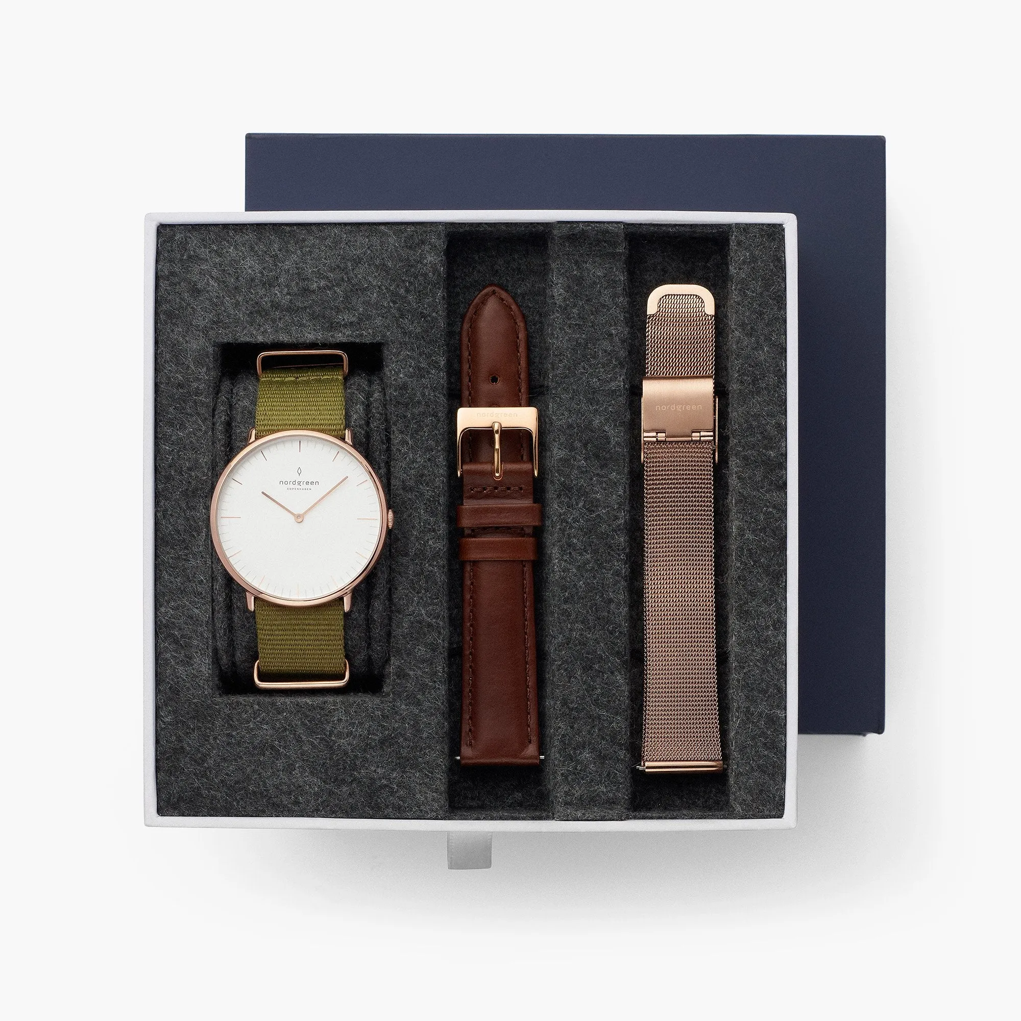 Native - BUNDLE White Dial Rose Gold | Olive Green Nylon / Brown Leather / Rose Gold Mesh Strap