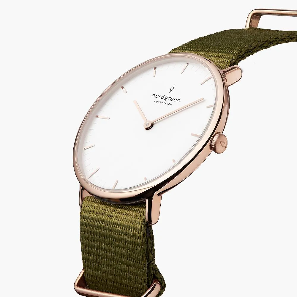 Native - BUNDLE White Dial Rose Gold | Olive Green Nylon / Brown Leather / Rose Gold Mesh Strap