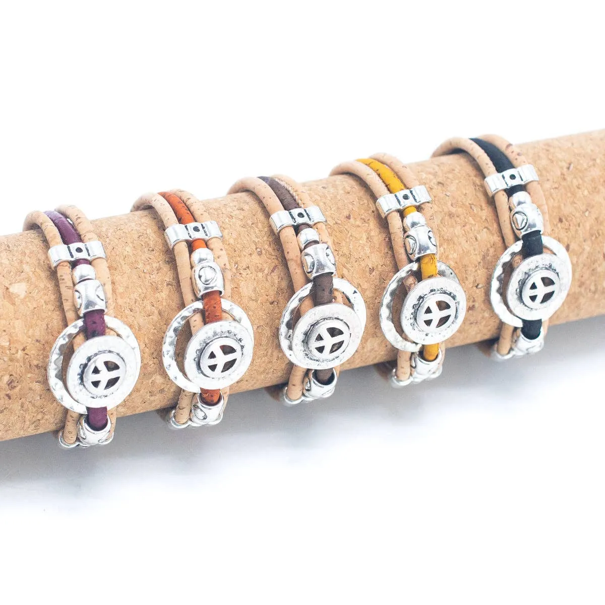 Natural Cork Cord And Round Peace Symbol Handcrafted Bracelet BR-508-MIX-5