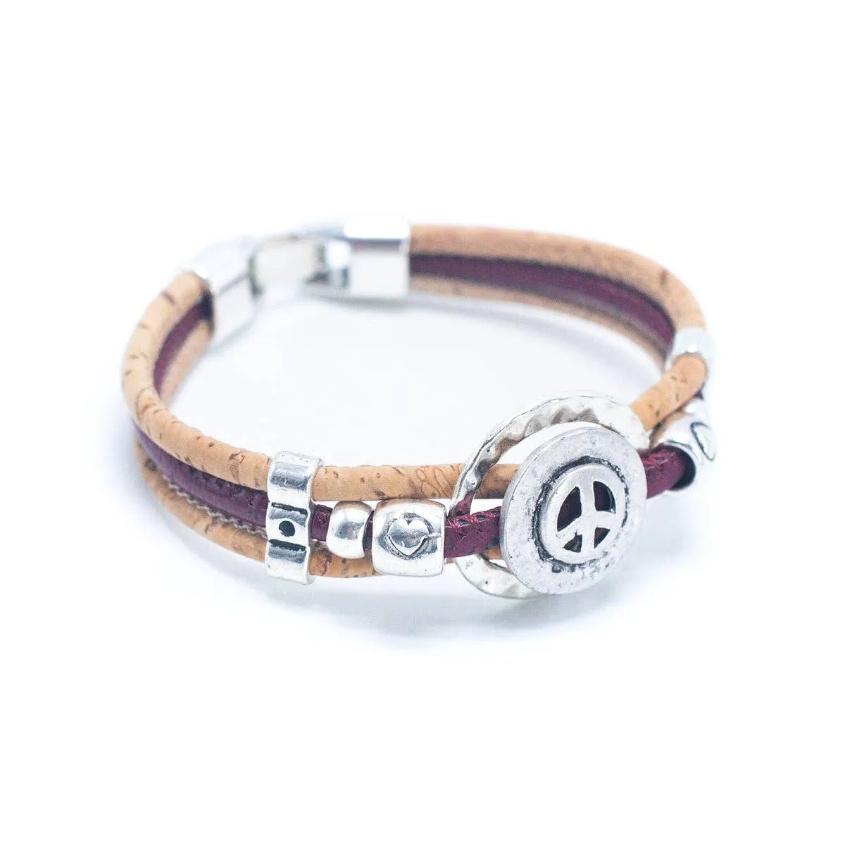 Natural Cork Cord And Round Peace Symbol Handcrafted Bracelet BR-508-MIX-5