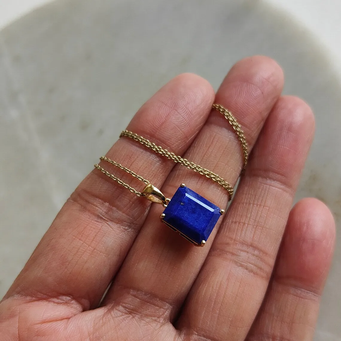 Natural Emerald Cut Lapis Lazuli Simple Prong Set Pendant -  14k Gold Vermeil Pendants