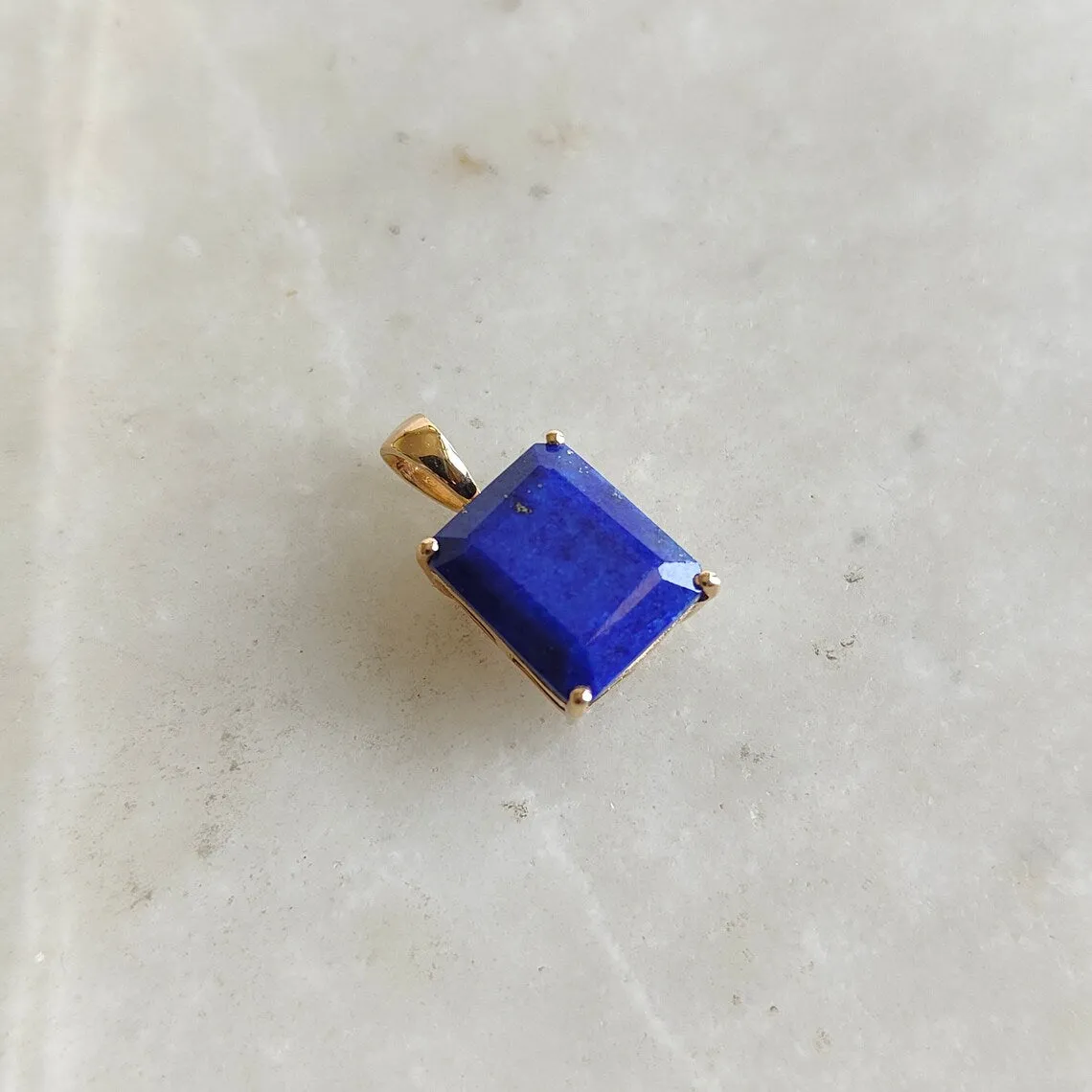 Natural Emerald Cut Lapis Lazuli Simple Prong Set Pendant -  14k Gold Vermeil Pendants