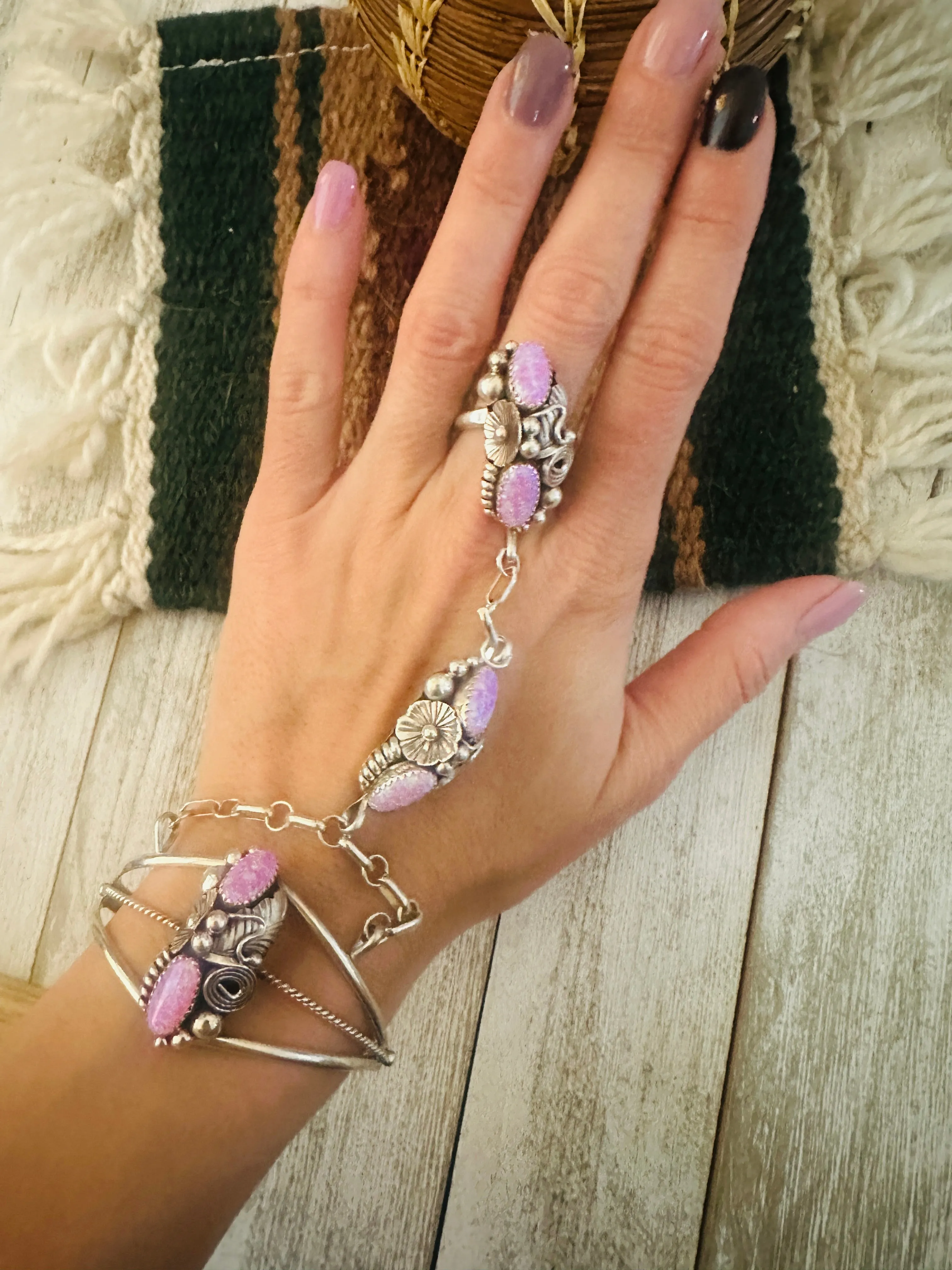 Navajo Pink Fire Opal & Sterling Silver Hand Chain Bracelet