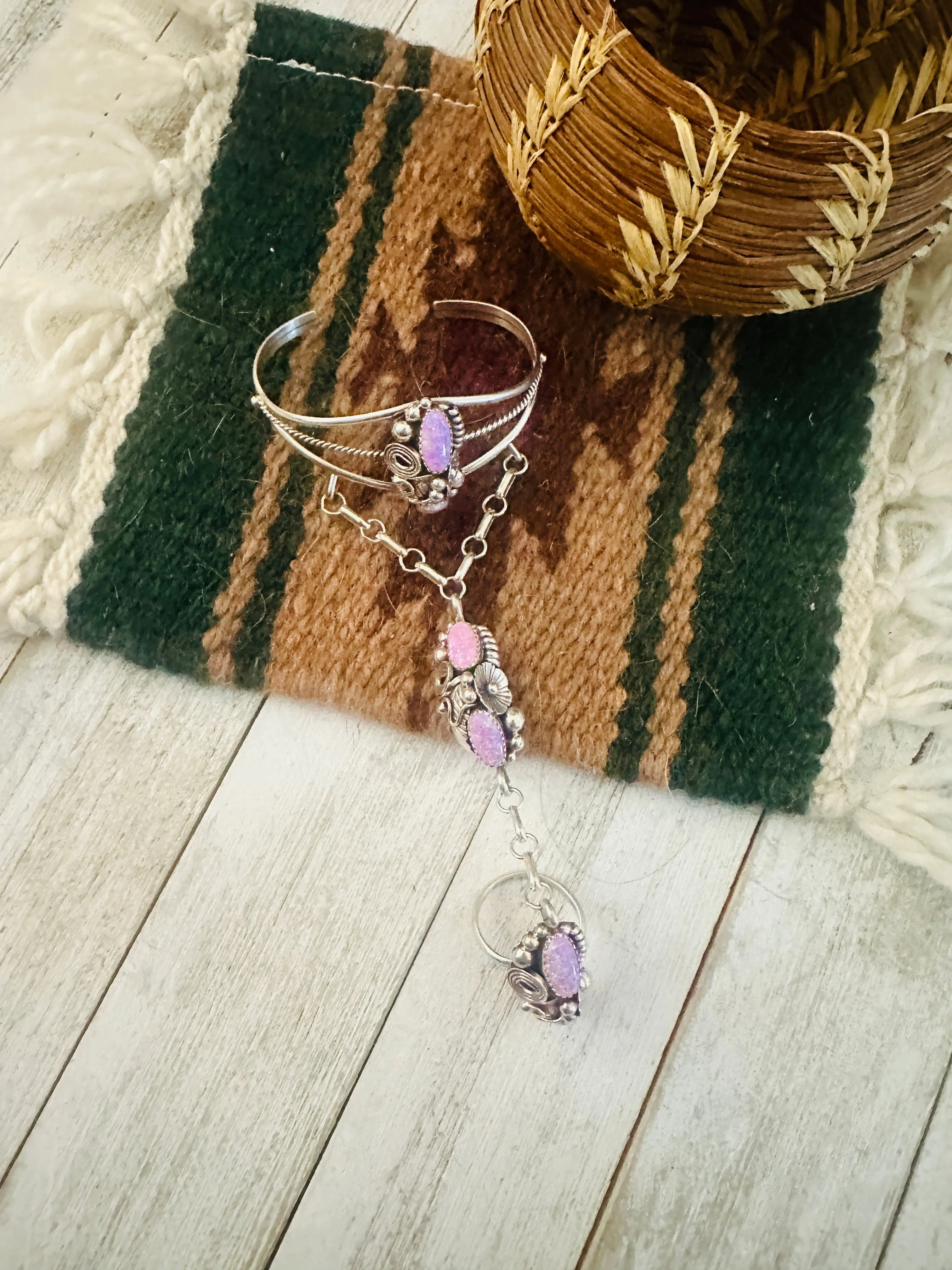 Navajo Pink Fire Opal & Sterling Silver Hand Chain Bracelet