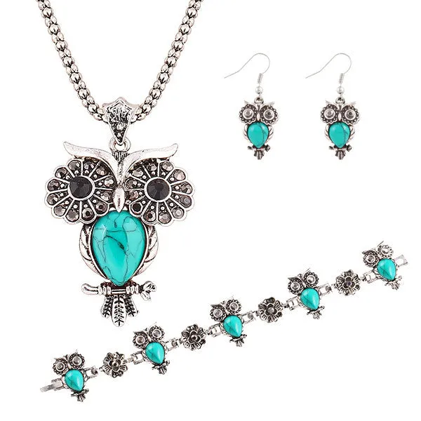 New Brand Design New hot Fashion Elegant Anniversary Gift jewelry sets Turquoise owl earrings Pendant Necklace bracelet set