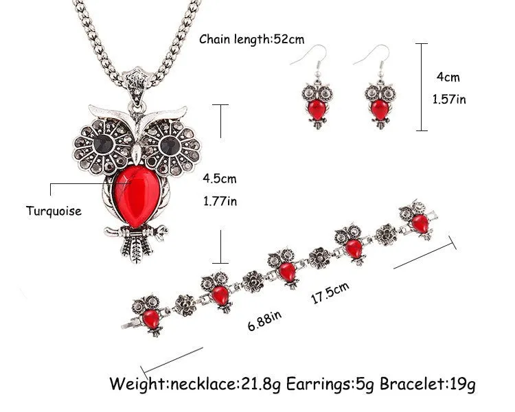 New Brand Design New hot Fashion Elegant Anniversary Gift jewelry sets Turquoise owl earrings Pendant Necklace bracelet set