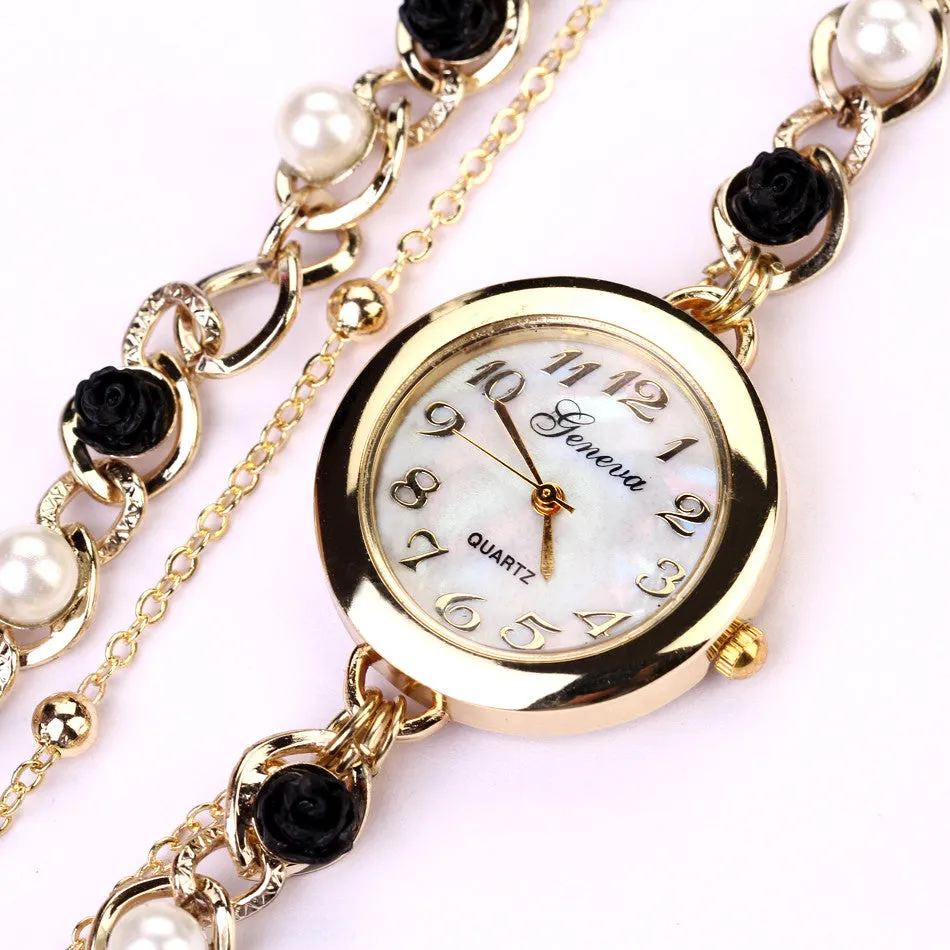 New Style Rose Pearl Chain Geneva Bracelet Wristwatch Women Dress Watch Brand Watches Chain Crystal Watch