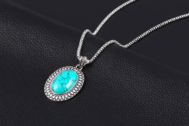 New Year's gift Fashion jewelry sets Vintage Bracelet Chain Round Pendant Necklace Turquoise gem Dangle Earrings women