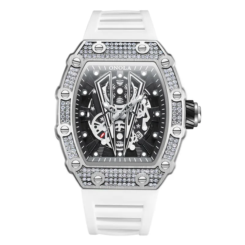 ONOLA 43mm Luxury Barrel Shaped Diamond Skeleton Watch Quartz for Men