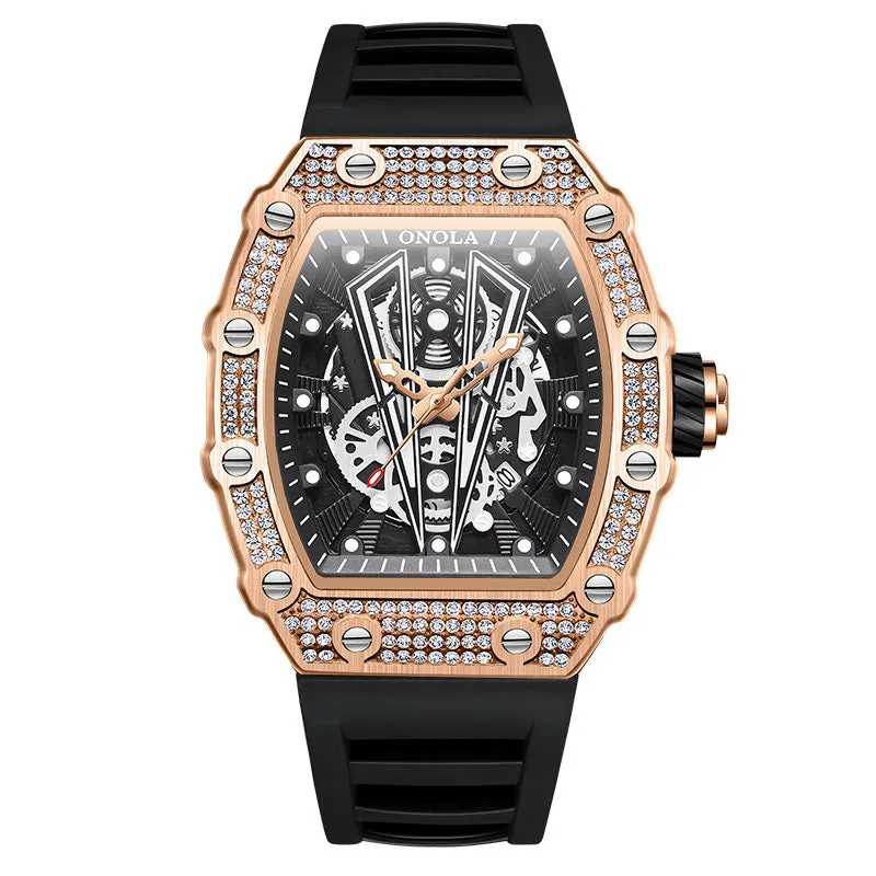 ONOLA 43mm Luxury Barrel Shaped Diamond Skeleton Watch Quartz for Men