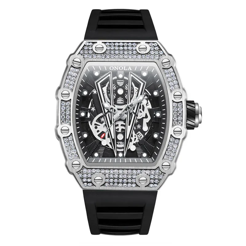 ONOLA 43mm Luxury Barrel Shaped Diamond Skeleton Watch Quartz for Men