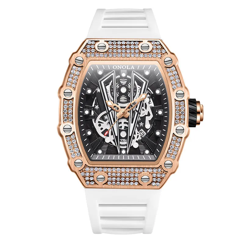 ONOLA 43mm Luxury Barrel Shaped Diamond Skeleton Watch Quartz for Men