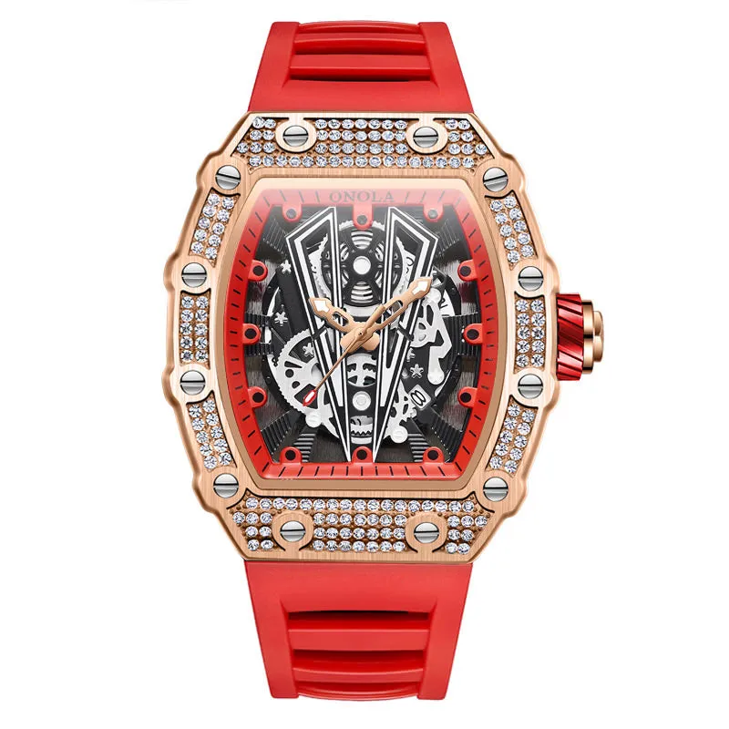 ONOLA 43mm Luxury Barrel Shaped Diamond Skeleton Watch Quartz for Men