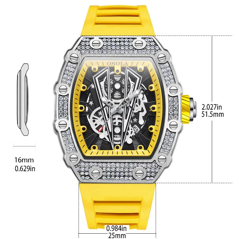 ONOLA 43mm Luxury Barrel Shaped Diamond Skeleton Watch Quartz for Men