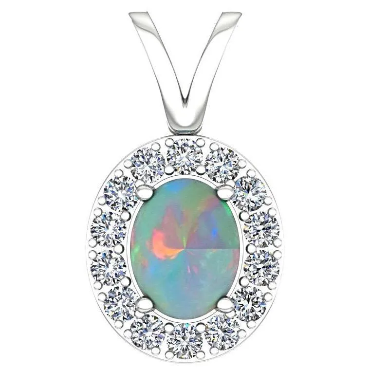 Opal and Diamond Halo Pendant Necklace 14K White Gold