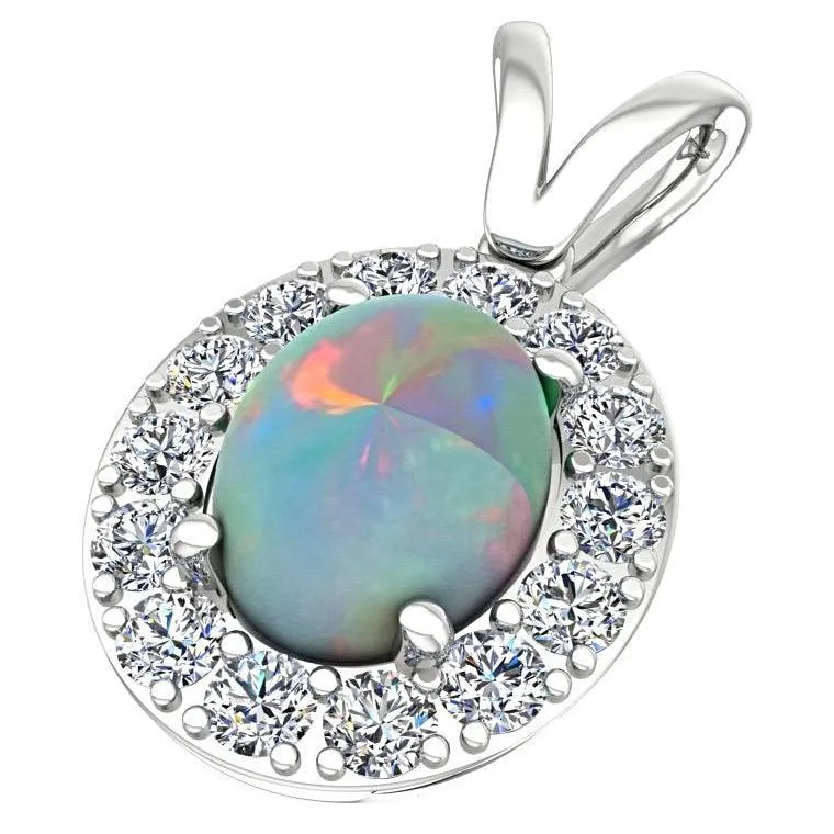 Opal and Diamond Halo Pendant Necklace 14K White Gold