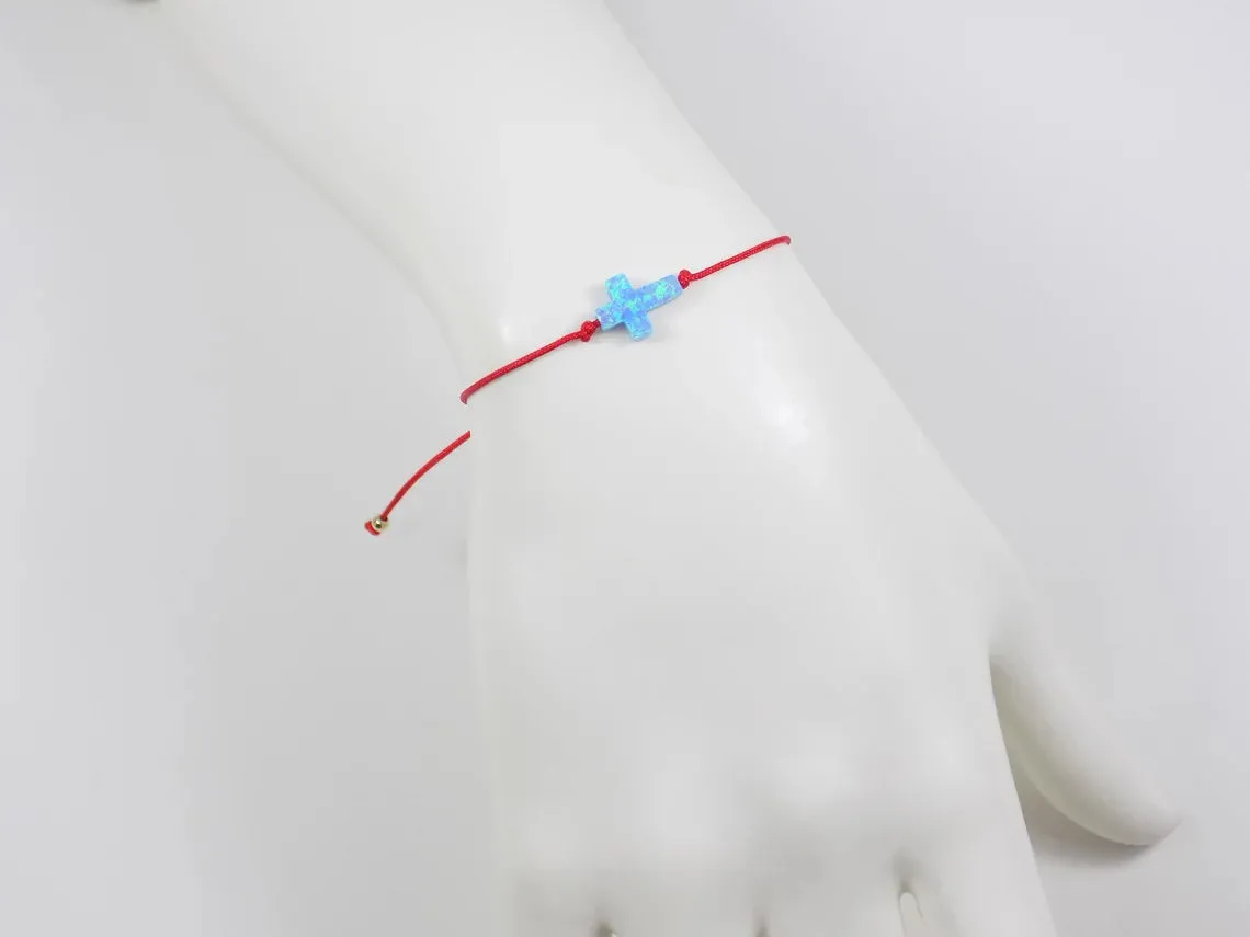 Opal Cross Bracelet Red String. Blue Sideways Cross Opal Adjustable Bracelet.