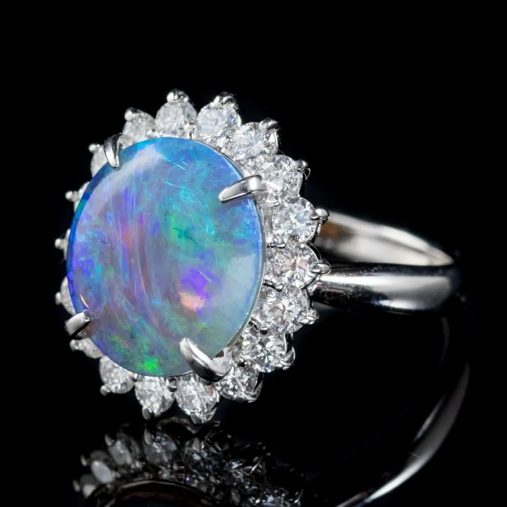 Opal Diamond Cluster Ring Platinum 3.4Ct Opal Circa 1960