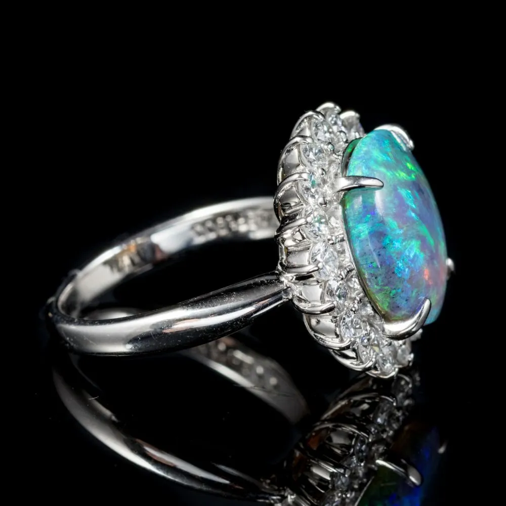 Opal Diamond Cluster Ring Platinum 3.4Ct Opal Circa 1960