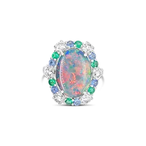 Opal, Emerald, Sapphire & Diamond Ring