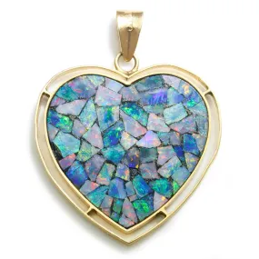 Opal Inlay Mosaic Heart Pendant 14K Yellow Gold