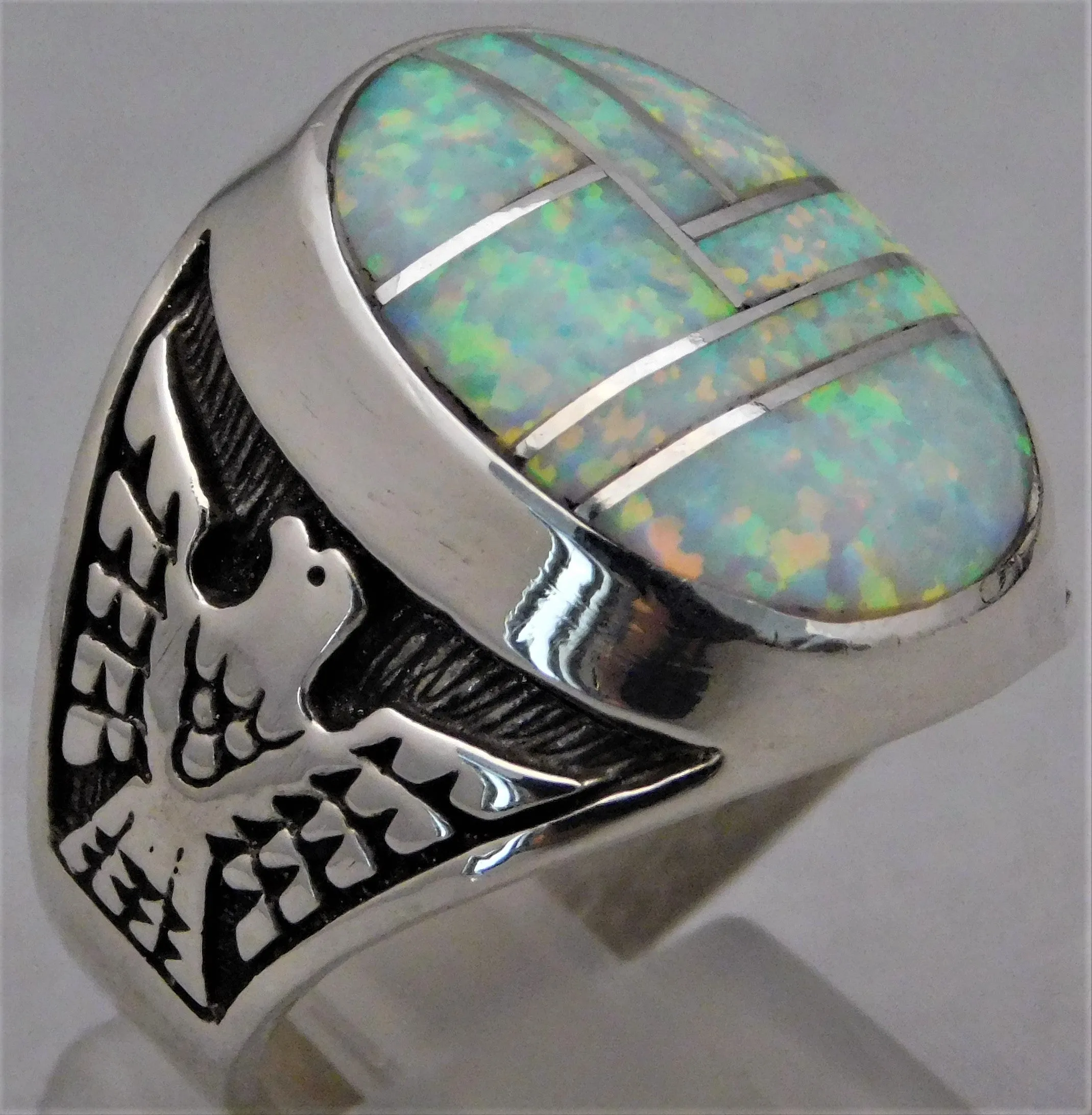 Opal Semi-Black Solid Sterling Silver Mens Ring....Size 10