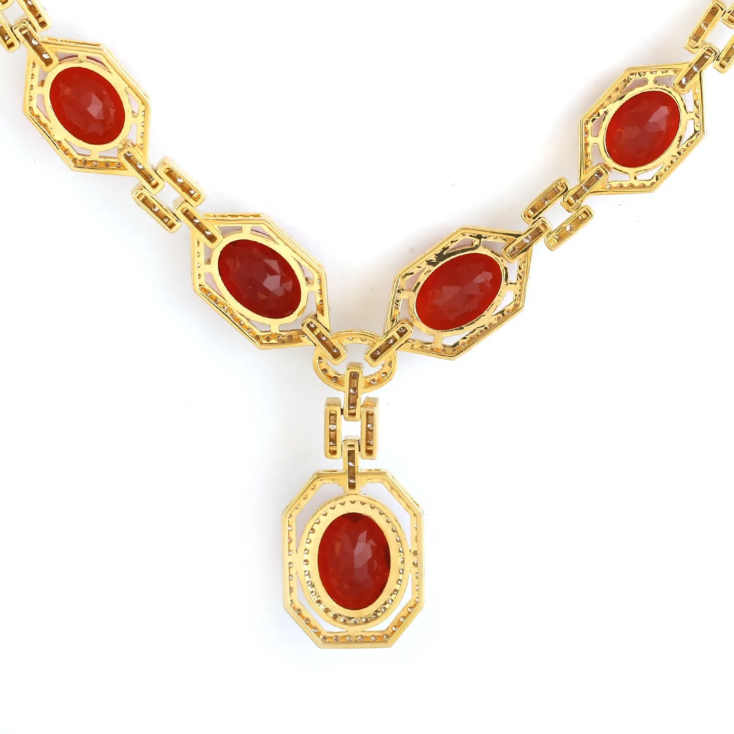 Oval Cut Fire Opal Pave Diamond Beautiful Princess Necklace In 18k Yellow Gold For Her