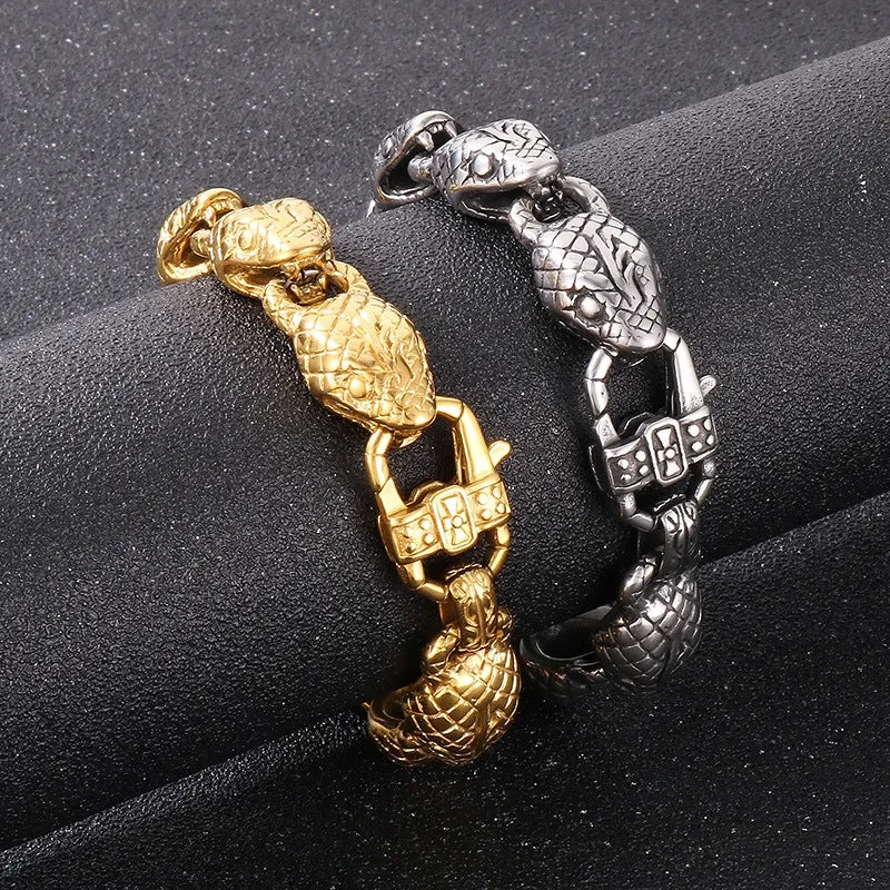 Personalized 18k Gold Plated Men's Snake Head Bracelet - Retro European and American Style, 15mm Stainless Steel