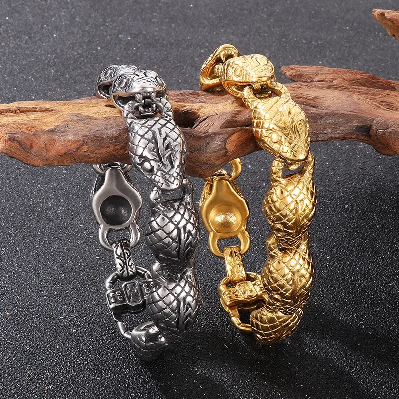 Personalized 18k Gold Plated Men's Snake Head Bracelet - Retro European and American Style, 15mm Stainless Steel