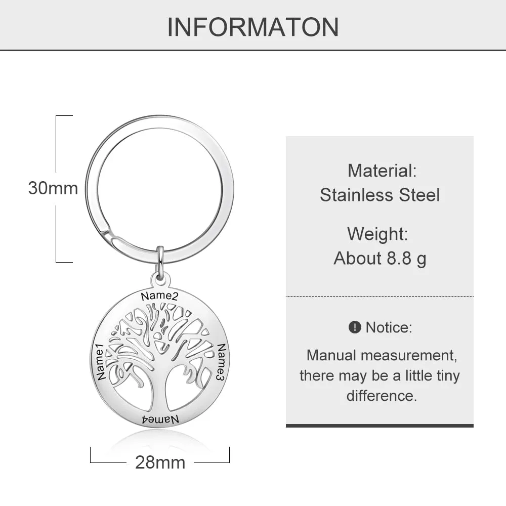 Personalized Tree of Life Stainless Steel Keychains for Men Women Customize Family Names Engraved Key Chain