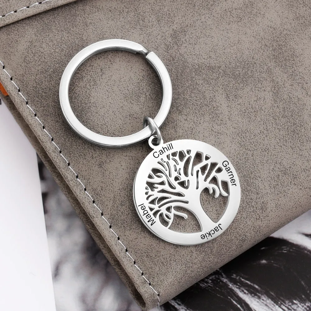 Personalized Tree of Life Stainless Steel Keychains for Men Women Customize Family Names Engraved Key Chain