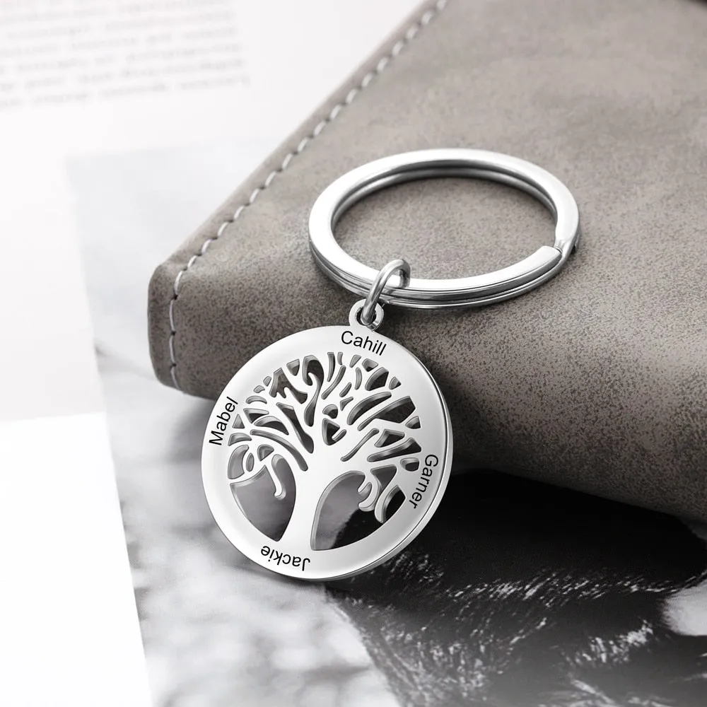 Personalized Tree of Life Stainless Steel Keychains for Men Women Customize Family Names Engraved Key Chain