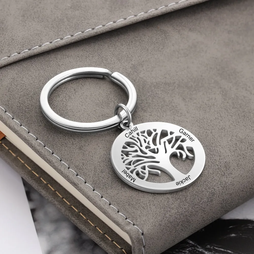 Personalized Tree of Life Stainless Steel Keychains for Men Women Customize Family Names Engraved Key Chain