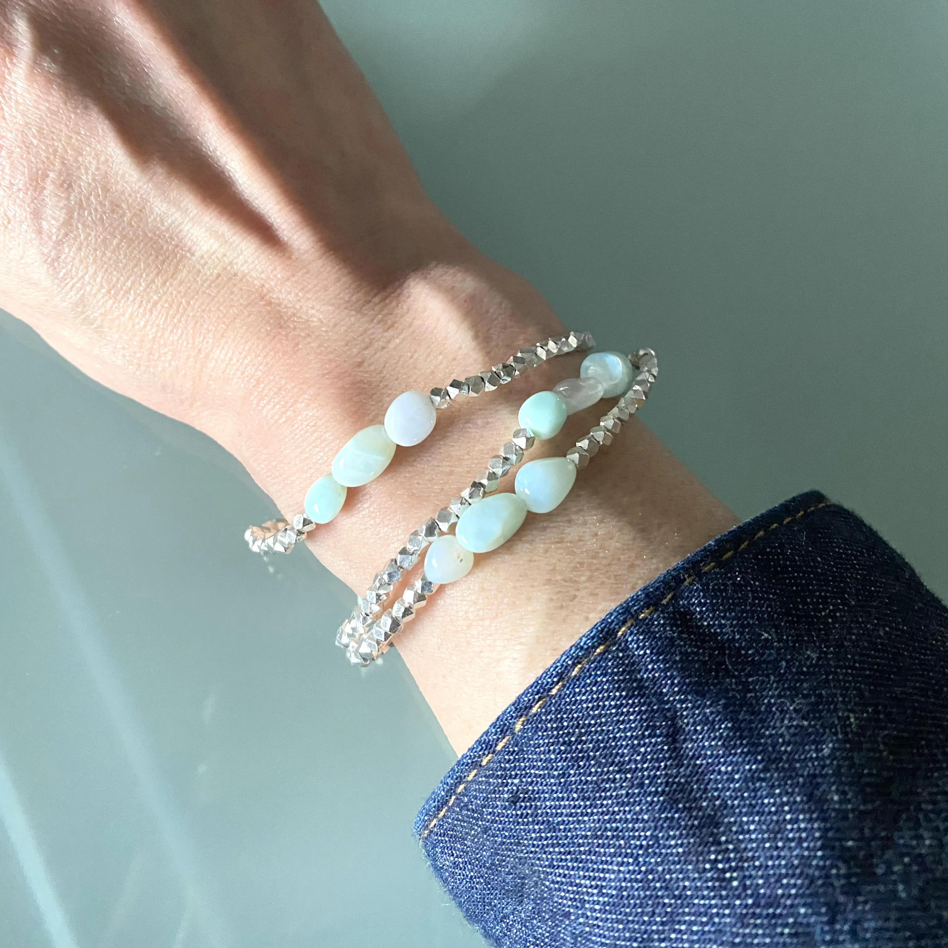 Peruvian Blue Opal & Fine Silver Stretch Bracelet