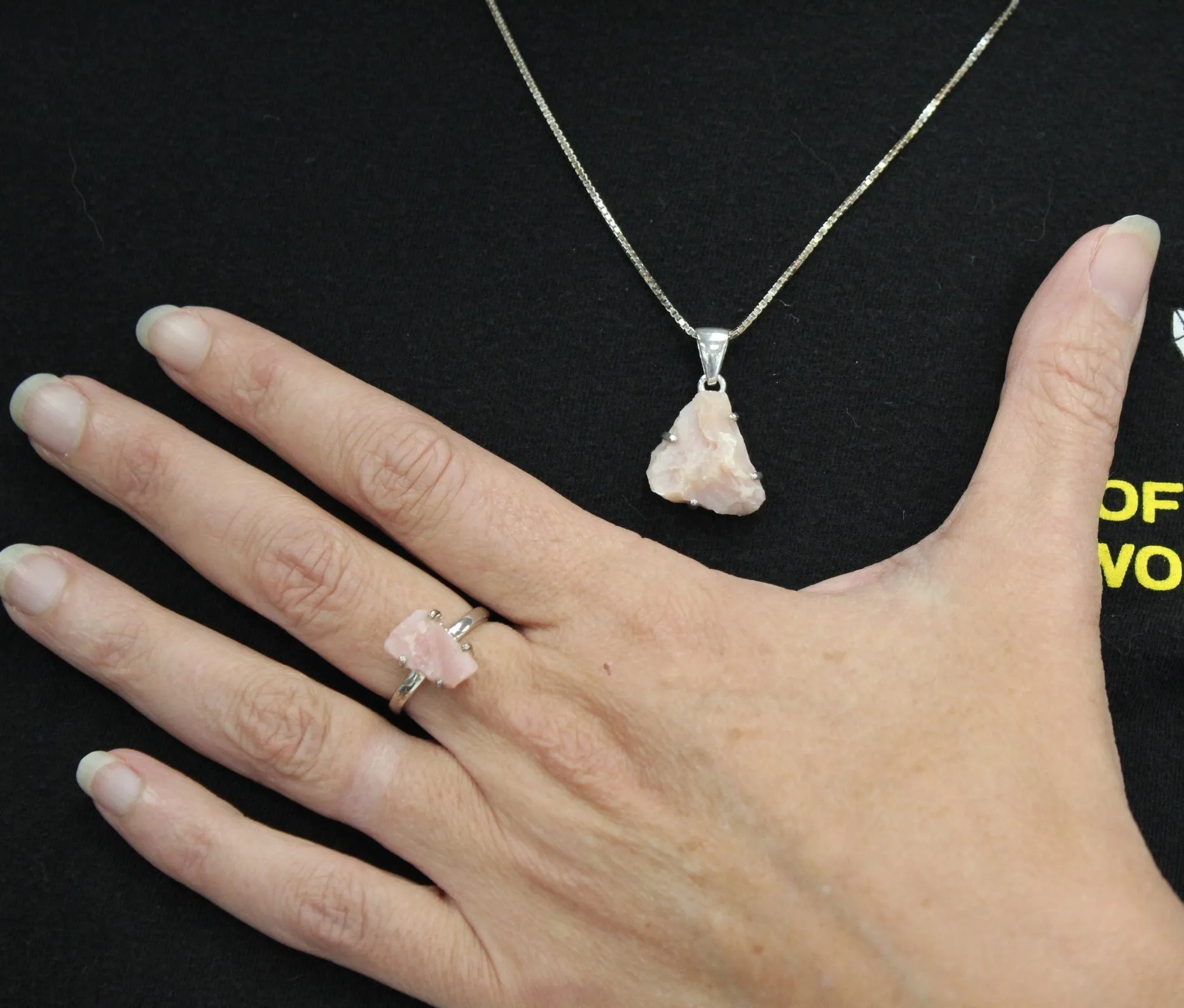 Pink Opal Jewelry Set Necklace Ring Sterling Silver